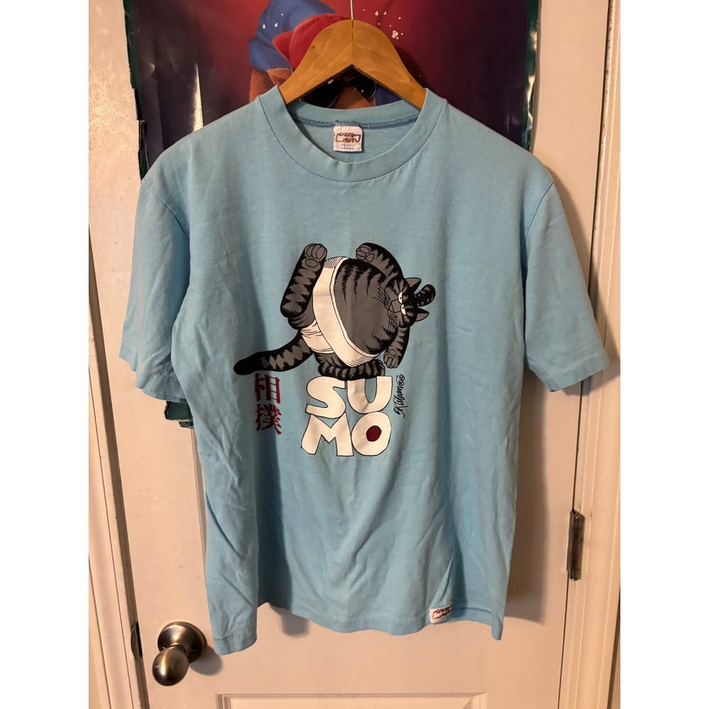 Vintage Crazy Shirts Hawaii B Kliban Cat Sumo T-Shirt Blue Large Mens 90s